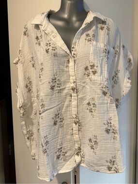Lightweight White Floral Button-Up Shirt 100% Cotton Style & Co 3x